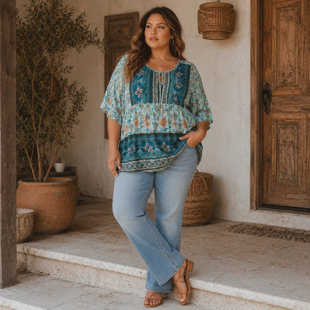 Brown Coco Peasant Blouse Women's 1X Blue Floral‎ Boho
